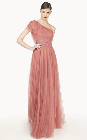 A-Line Tulle Long Prom Dress with Ruffled Strap and Illusion Back