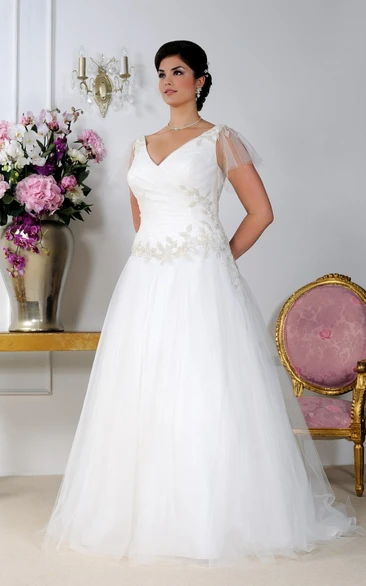 Tulle A-Line Wedding Dress with V-Neck and Appliques