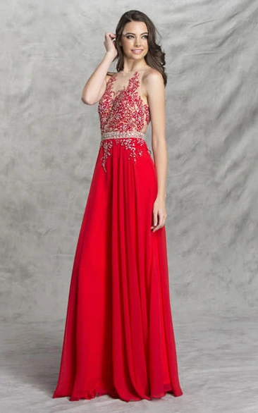 Chiffon A-Line Sleeveless Illusion Formal Dress with Beading and Pleats