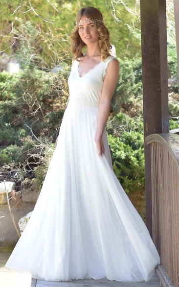 Sleeveless Chiffon Lace Wedding Dress with Plunging Neckline and Bow Detail