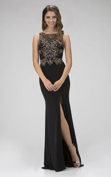 Jersey Sheath Bridesmaid Dress with Split Front and Beading