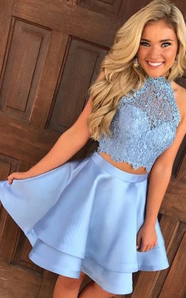 Short Two Piece A-Line Blue Boho Mini Homecoming Dress Floral Illusion Halter Neck Lace Satin Prom Cocktail Gown
