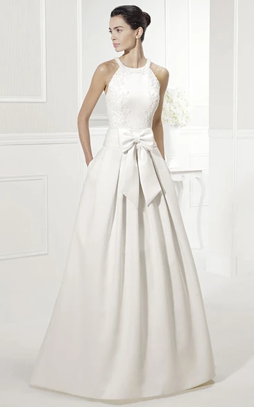 Halter Taffeta Wedding Dress With Bow and Appliques Elegant Style