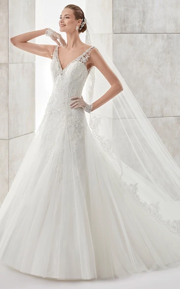 Illusive Lace V-neck A-line Wedding Dress with Low-V Back