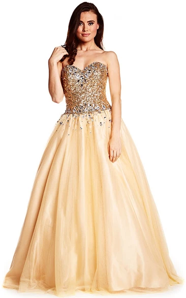 Sweetheart Sequined Tulle Ball Gown Sleeveless Floor-Length Prom Dress with Sparkle