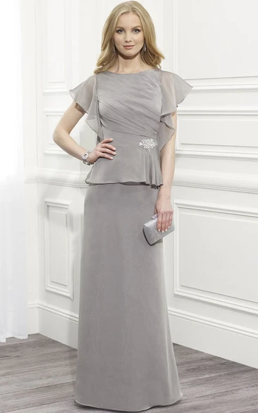 Chiffon Poet Sleeve Mother Of The Bride Dress with Scoop Neck and Peplum