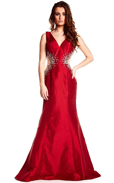 Mermaid Beaded Satin V-Neck Prom Dress Sleeveless Deep-V Back Elegant