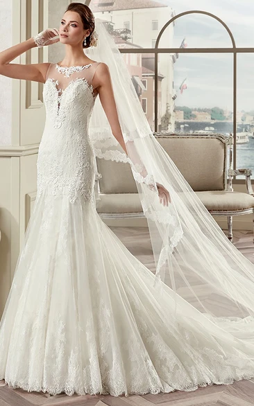 Lace Mermaid Wedding Dress with Jewel Neckline Cap Sleeves and Illusion Design