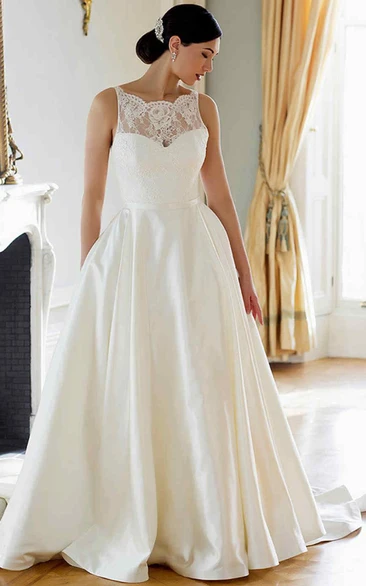 Satin&Lace A-Line Wedding Dress with Bateau-Neck Sleeveless Elegant Wedding Dress