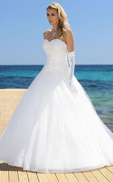 Sweetheart Satin and Tulle Wedding Dress with Appliques Long Bridal Gown
