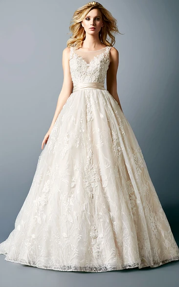 Maxi Scoop Neckline Lace Wedding Dress with Illusion and Chapel Train