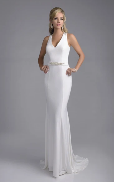 Form-Fitted V-Neck Wedding Dress with Jewels and Back Straps Modern and Unique