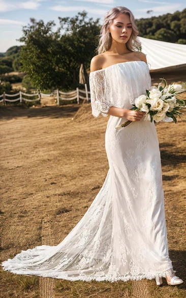 Beach Country Mermaid Boho Lace off the Shoulder Wedding Dress with Sweep Train Floral Casual Floor-Length Bridal Gown