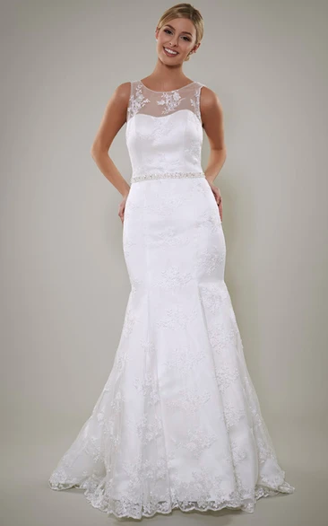 Appliqued Satin Sheath Wedding Dress with Low-V Back and Waist Jewelry