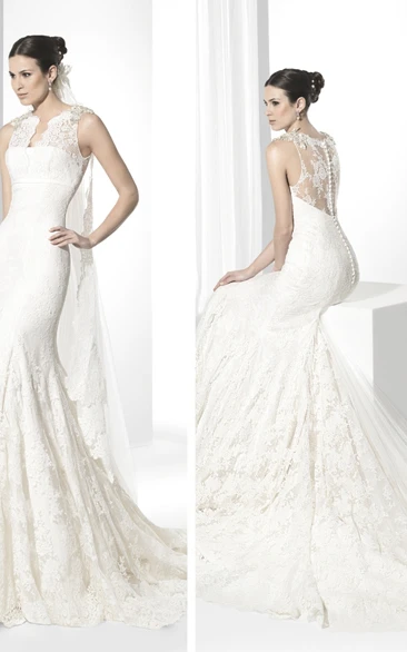 Sleeveless Lace Trumpet Jewel-Neck Wedding Dress Elegant Bridal Gown