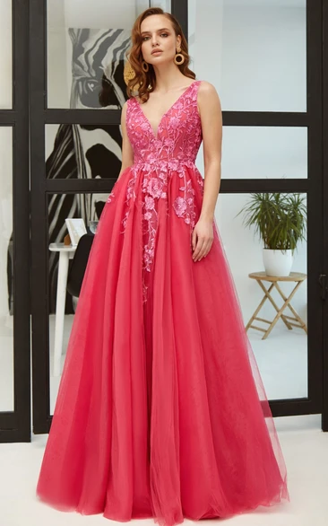 Elegant Lace A-Line Prom Dress V-neck Floor-length Open Back Appliques