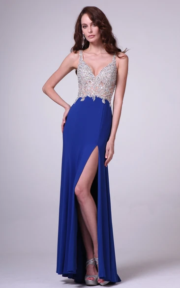 Split Front Sleeveless Sheath Jersey Dress with Illusion Straps and Beading