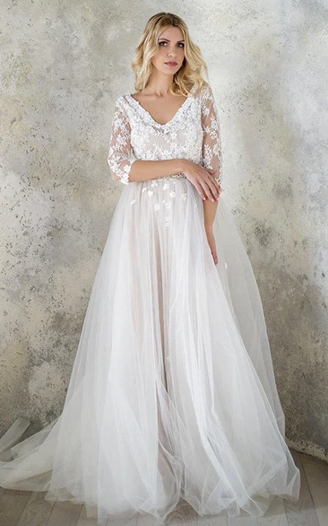 Beaded Lace Satin Wedding Dress with Tulle Sequins Sleeves