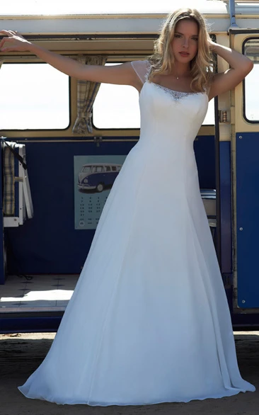 Chiffon A-Line Wedding Dress with Cap Sleeves and Illusion Beading