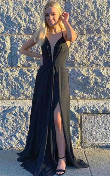 Split Front A-Line Sleeveless Formal Dress Simple Jersey Plunging Neckline Floor-length Gown