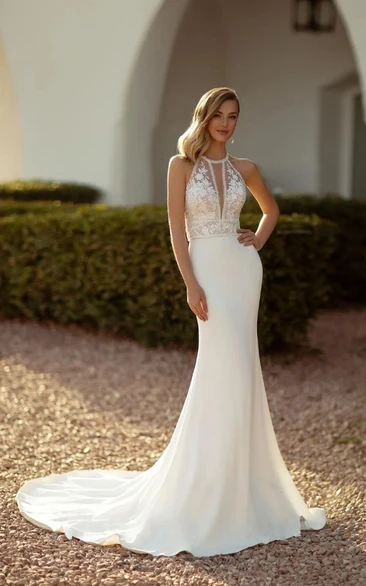 Mermaid Bridal Gown Halter Sleeveless Sweep Train with Elegant Button Back