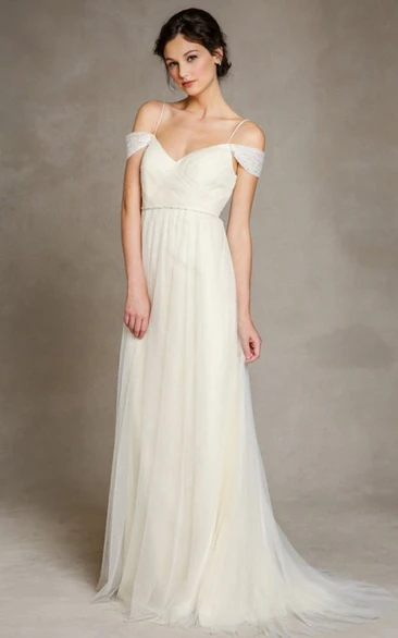 Spaghetti Strap Tulle A-Line Wedding Dress with Jeweled Accents and Pleats