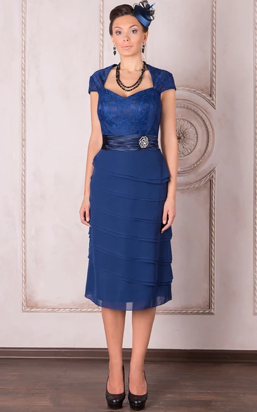 Chiffon Knee-Length Mother of the Bride Dress with Cap Sleeves and Square Neck