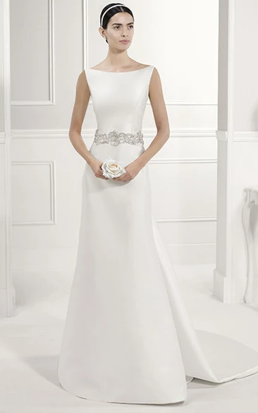 Sheath Taffeta Bridal Gown with Bateau Neck and Criss-Cross Back Straps