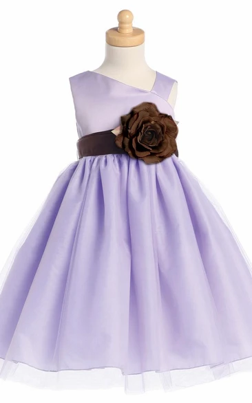 Tiered Floral Tulle&Satin Flower Girl Dress Tea-Length Flowy Elegant