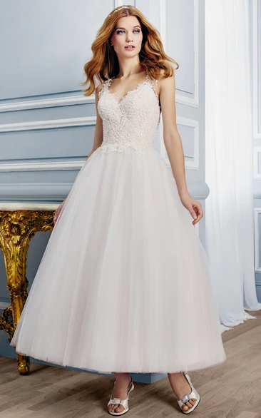 Sleeveless Appliqued V-Neck Tulle Wedding Dress Boho Ankle-Length Bridal Gown