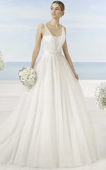 Beaded V-Neck Tulle Wedding Dress with Bow and Low-V Back A-Line Wedding Dress