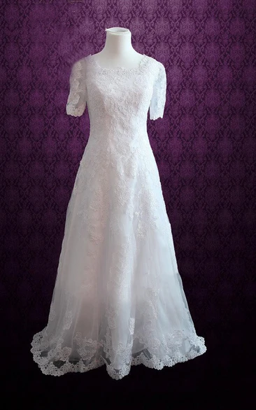 A-Line Lace Dress with Short Sleeves and Modest Scoop Neck Simple Wedding Dress