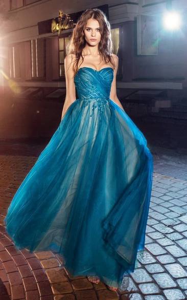 A-Line Sweetheart Sleeveless Tulle Formal Dress with Criss Cross Backless Elegant