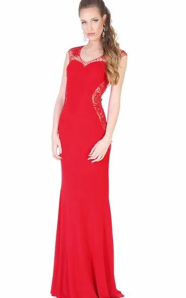 Cap-Sleeve Scoop-Neck Beaded Jersey Formal Dress Sheath Style