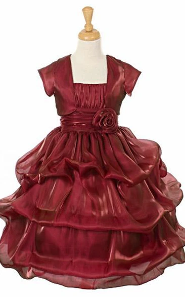 Spaghetti Ruched Organza&Satin Flower Girl Dress Tea-Length Pick Up Wedding Dress