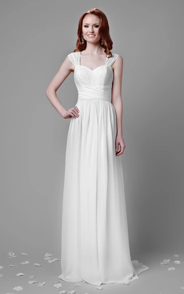 A-Line Chiffon Wedding Dress with Pleated Skirt and Lace Bust Simple Bridal Gown