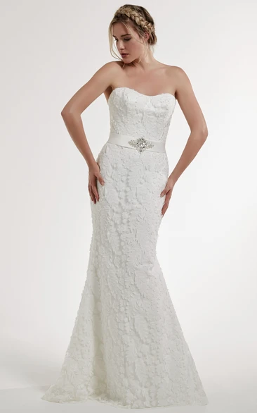 Jeweled Lace Strapless Wedding Dress with Low-V Back Elegant Bridal Gown