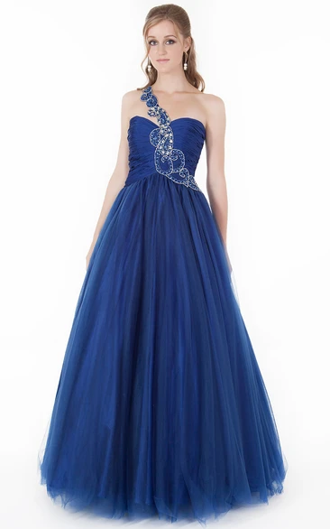 One-Shoulder Beaded A-Line Tulle Prom Dress with Pleats Long Sleeveless