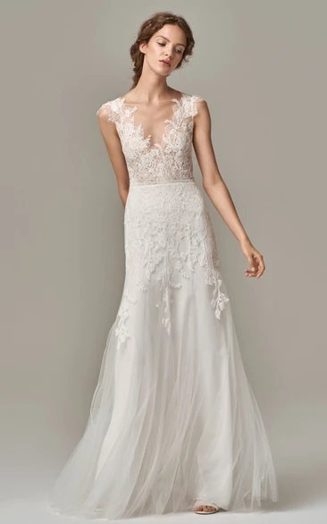 Elegant Sheath Lace Tulle Wedding Dress with V-neck and Deep-V Back Classy Wedding Dress