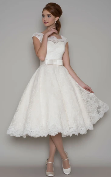 A-Line Lace Wedding Dress Tea-Length Cap Sleeve Square Neck Ribboned