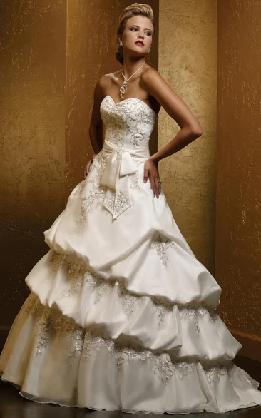 Satin Ball Gown Wedding Dress Sweetheart Pick-Up Embroidery Tiers