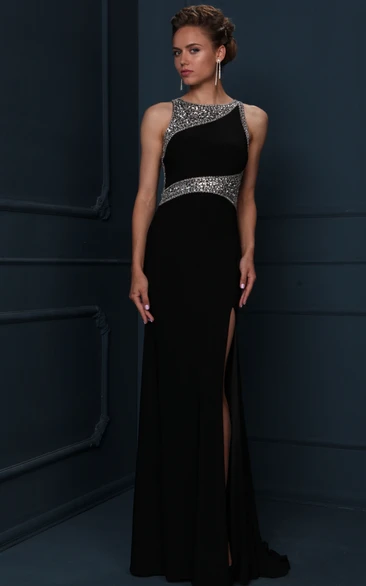 Scoop-Neck Beaded Jersey Evening Dress with Split Front in Sheath Style and Sleeveless