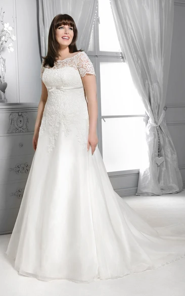 Chapel Train A-Line Wedding Dress with Short Sleeves and Bateau Neckline