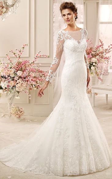 Illusive Design Long-Sleeve Mermaid Wedding Dress with Brush Train Elegant Women's Bridal Gown