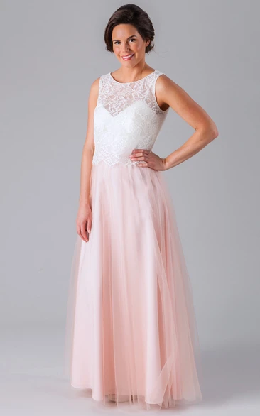 Sleeveless Tulle Bridesmaid Dress with Lace Scoop Neck