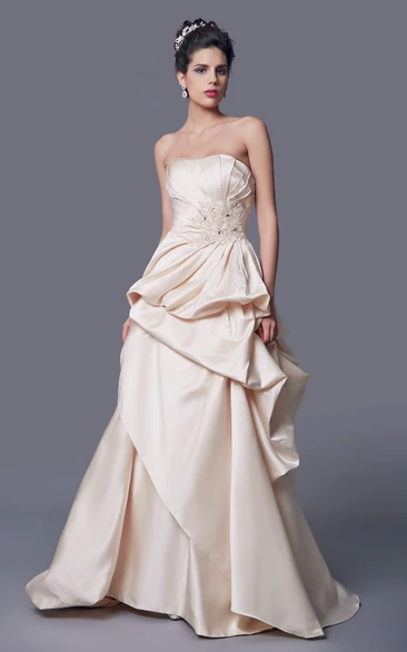 A-line Satin Long Wedding Dress with Strapless Sleeveless Neckline and Ruffled Design