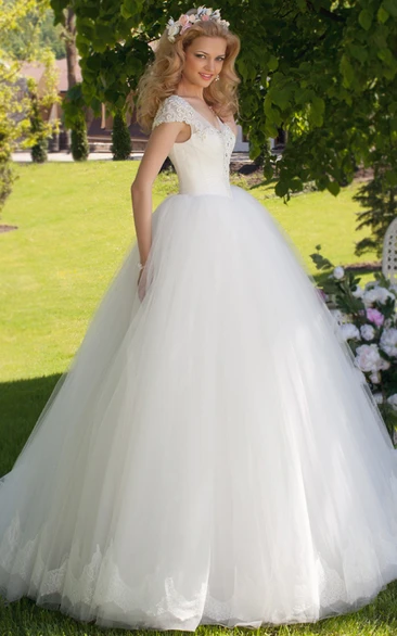 V-Neck Ruched Tulle Wedding Dress with Cap Sleeves Ball Gown Cap Sleeve Ruched Tulle V-Neck Wedding Dress