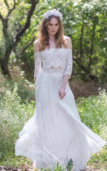 Boho Wedding Dress with Corset Back Off-the-Shoulder Lace Chiffon