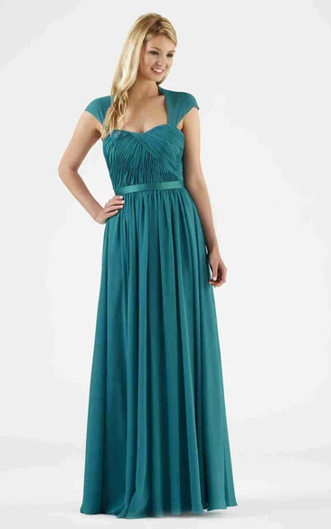 Maxi Strapless Bridesmaid Dress with Ribbon Pleated Ruched Chiffon