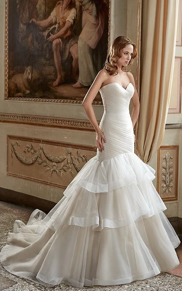 Tiered Tulle Mermaid Wedding Dress with Sweetheart Neckline and Criss Cross Back